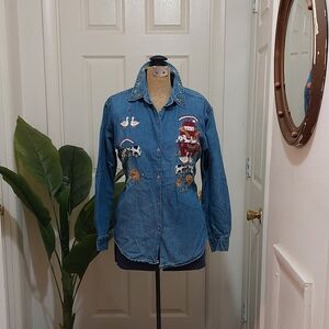 Vintage Blue Button Down Shirt with Embroidered Accents